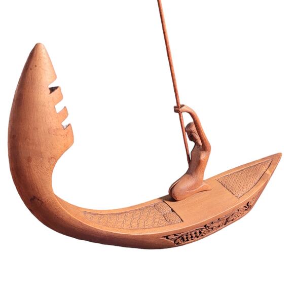 Vintage Rustic Carved Wood Canoe Folk Art Rowboat Fisherman Decor Lakehouse - Picture 5 of 11